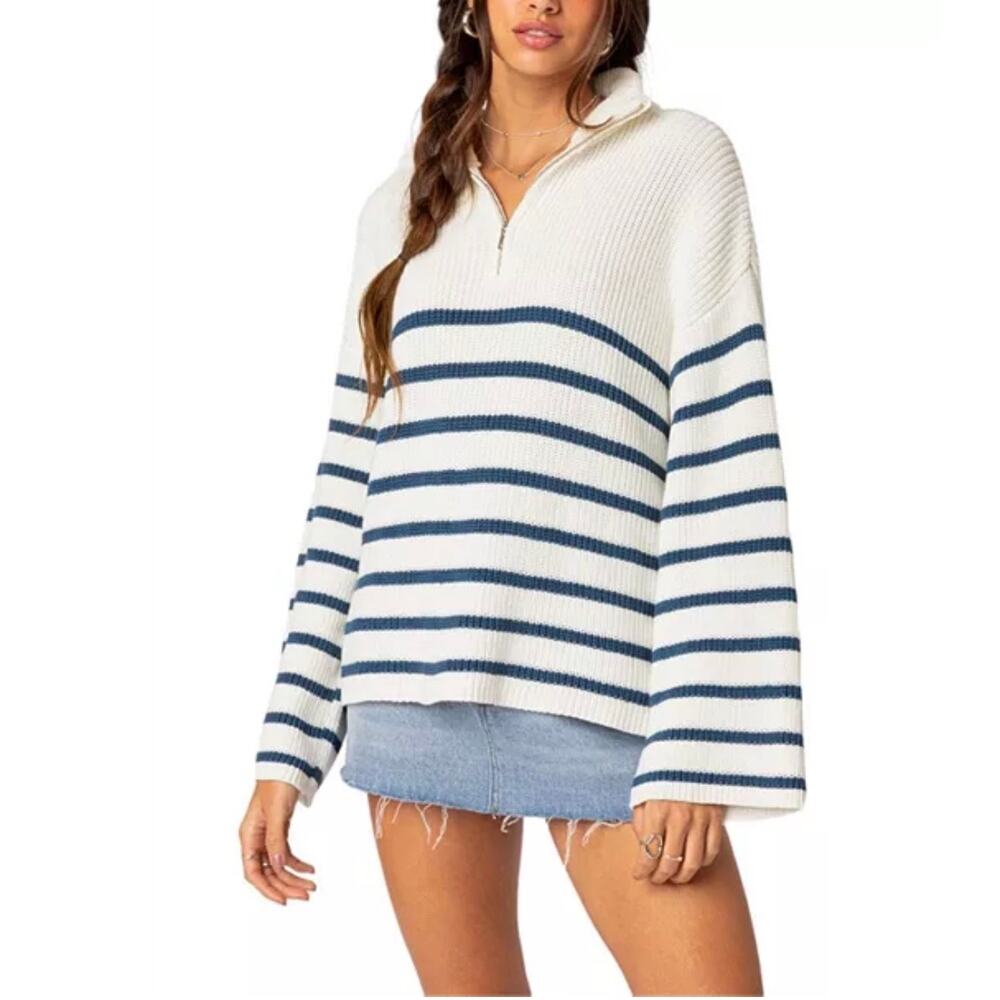 Edikted Cotton Oversized Striped Nautical Quarter Zip Sweater White Blue Xs
